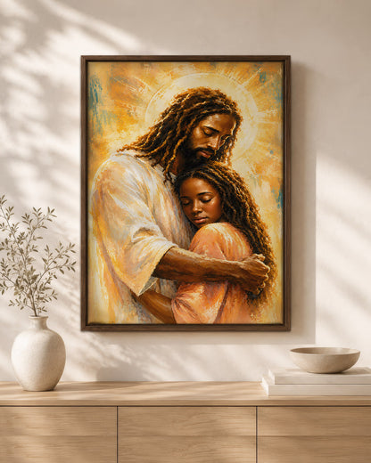Black Jesus Canvas Wall Art – Black Jesus Embracing Child, Christian Faith & Family Decor