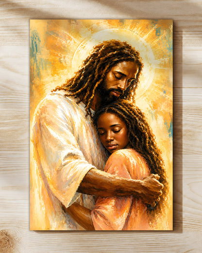 Black Jesus Canvas Wall Art – Black Jesus Embracing Child, Christian Faith & Family Decor