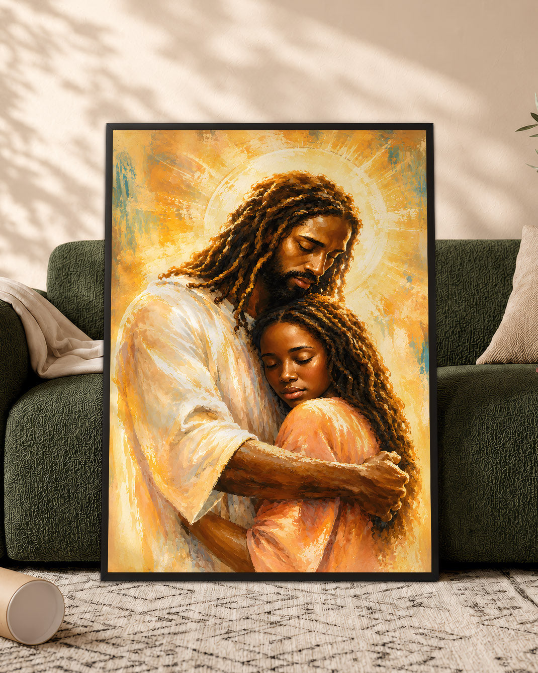 Black Jesus Canvas Wall Art – Black Jesus Embracing Child, Christian Faith & Family Decor