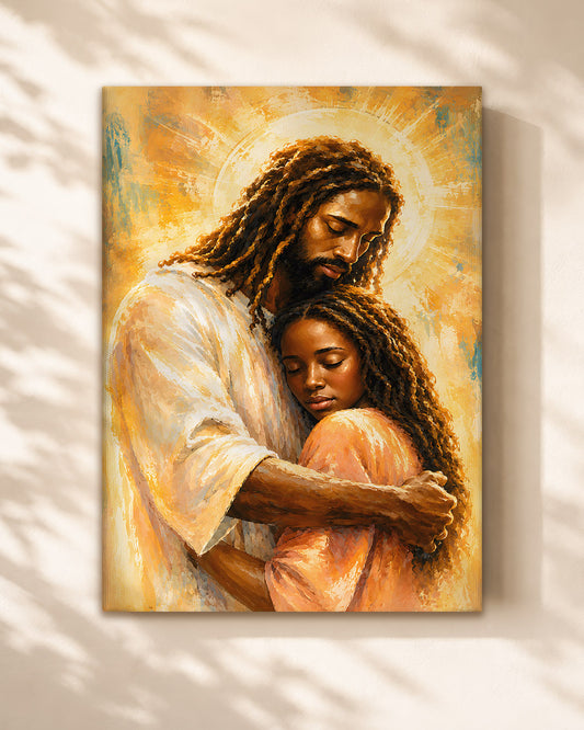 Black Jesus Canvas Wall Art – Black Jesus Embracing Child, Christian Faith & Family Decor