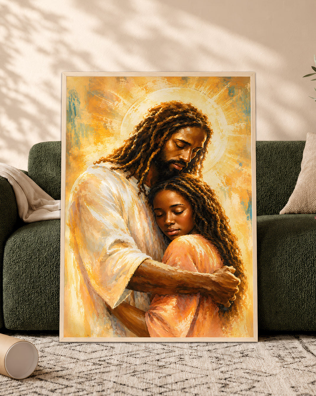 Black Jesus Canvas Wall Art – Black Jesus Embracing Child, Christian Faith & Family Decor
