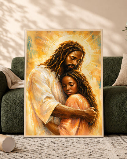Black Jesus Canvas Wall Art – Black Jesus Embracing Child, Christian Faith & Family Decor