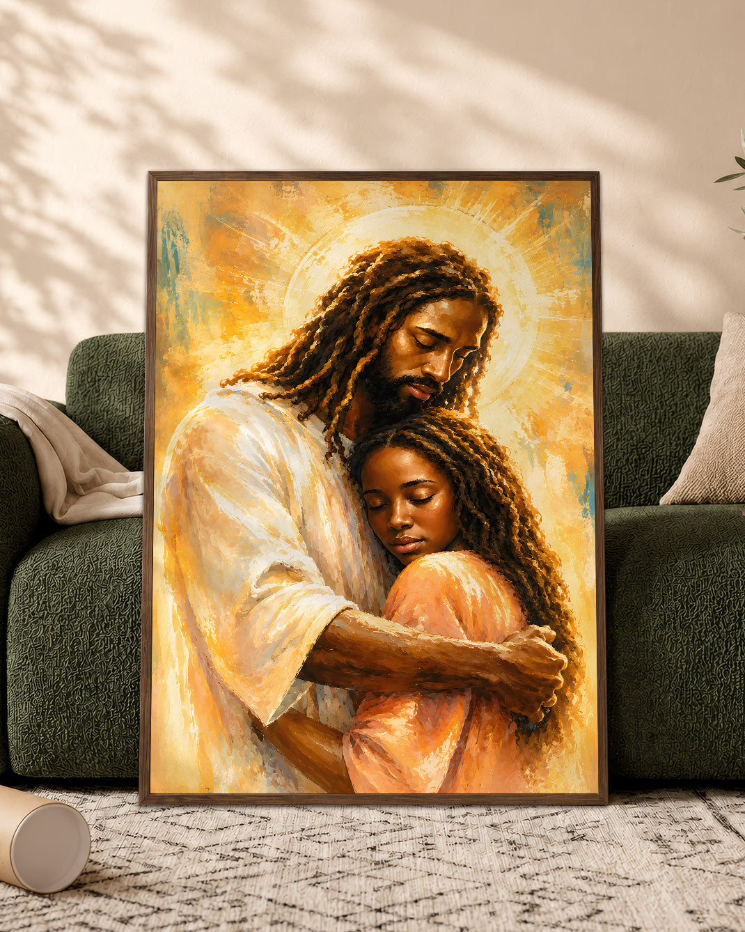 Black Jesus Canvas Wall Art – Black Jesus Embracing Child, Christian Faith & Family Decor