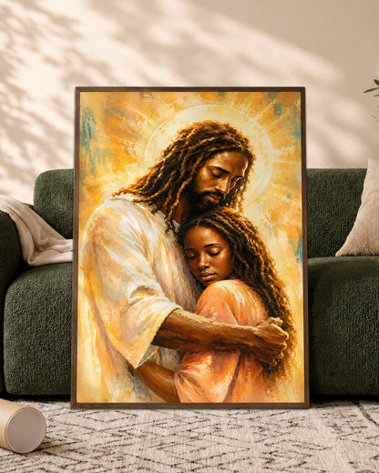 Black Jesus Canvas Wall Art – Black Jesus Embracing Child, Christian Faith & Family Decor