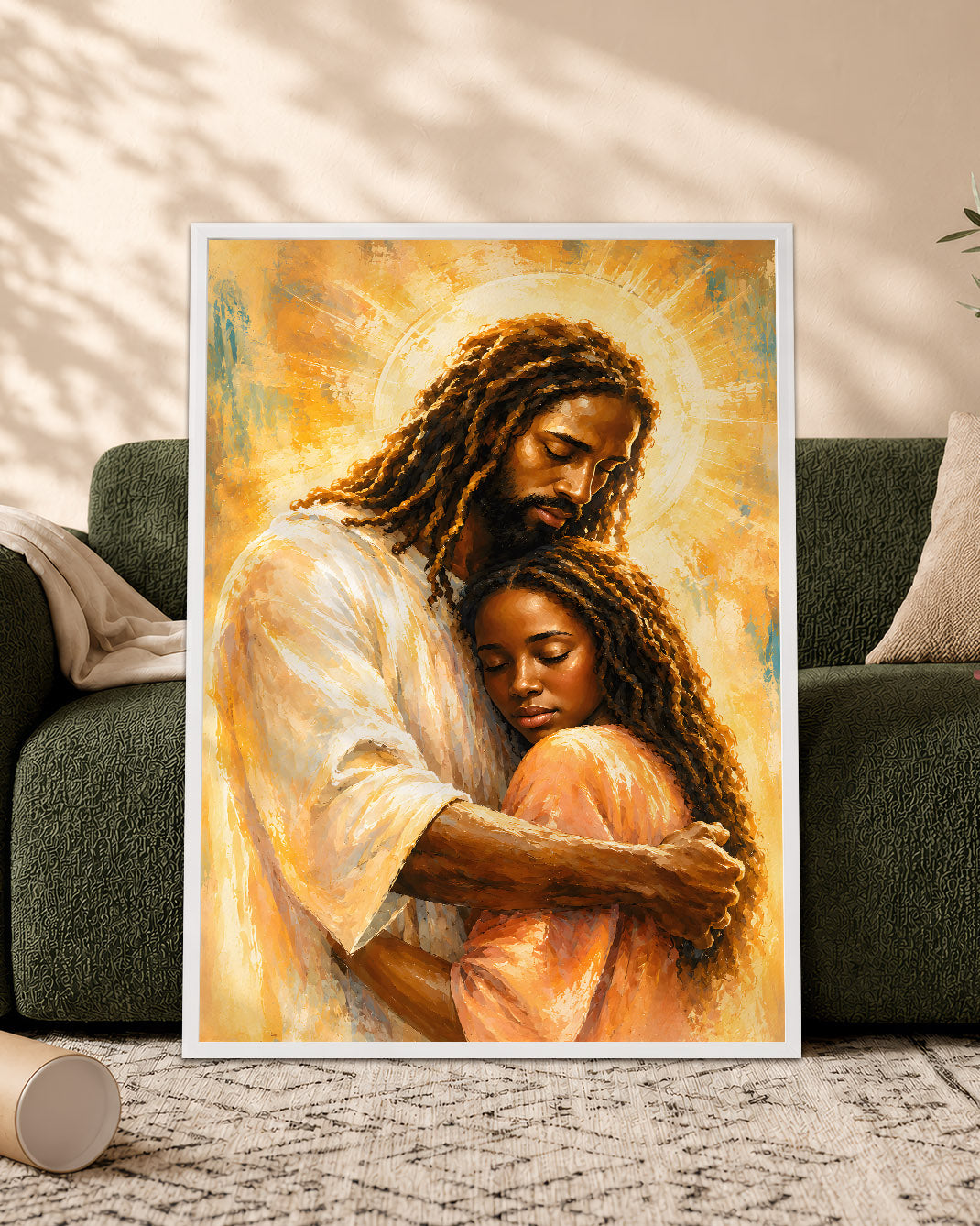 Black Jesus Canvas Wall Art – Black Jesus Embracing Child, Christian Faith & Family Decor