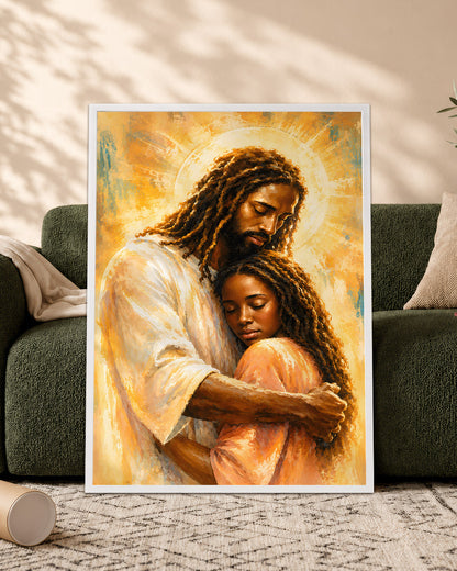 Black Jesus Canvas Wall Art – Black Jesus Embracing Child, Christian Faith & Family Decor