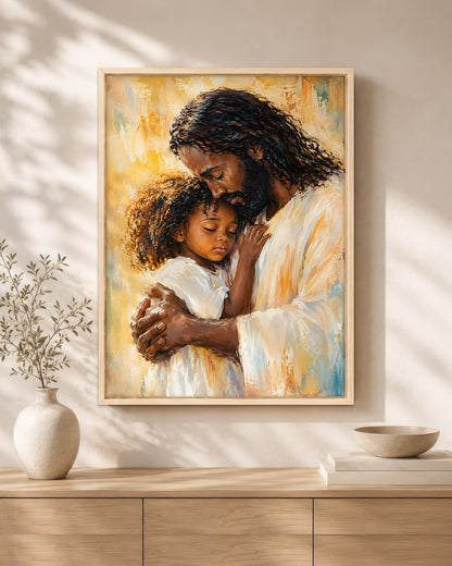 Black Jesus Canvas Wall Art – Jesus Embracing Child, Black Christian Wall Decor