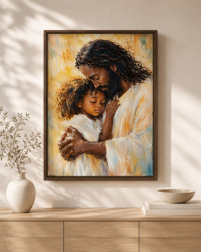 Black Jesus Canvas Wall Art – Jesus Embracing Child, Black Christian Wall Decor