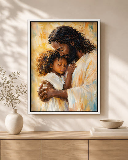 Black Jesus Canvas Wall Art – Jesus Embracing Child, Black Christian Wall Decor