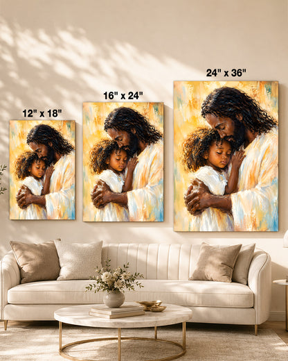Black Jesus Canvas Wall Art – Jesus Embracing Child, Black Christian Wall Decor