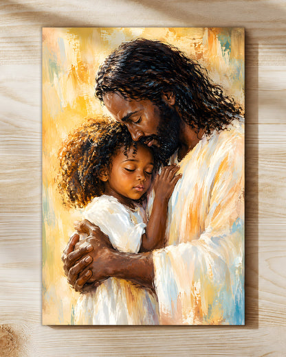 Black Jesus Canvas Wall Art – Jesus Embracing Child, Black Christian Wall Decor