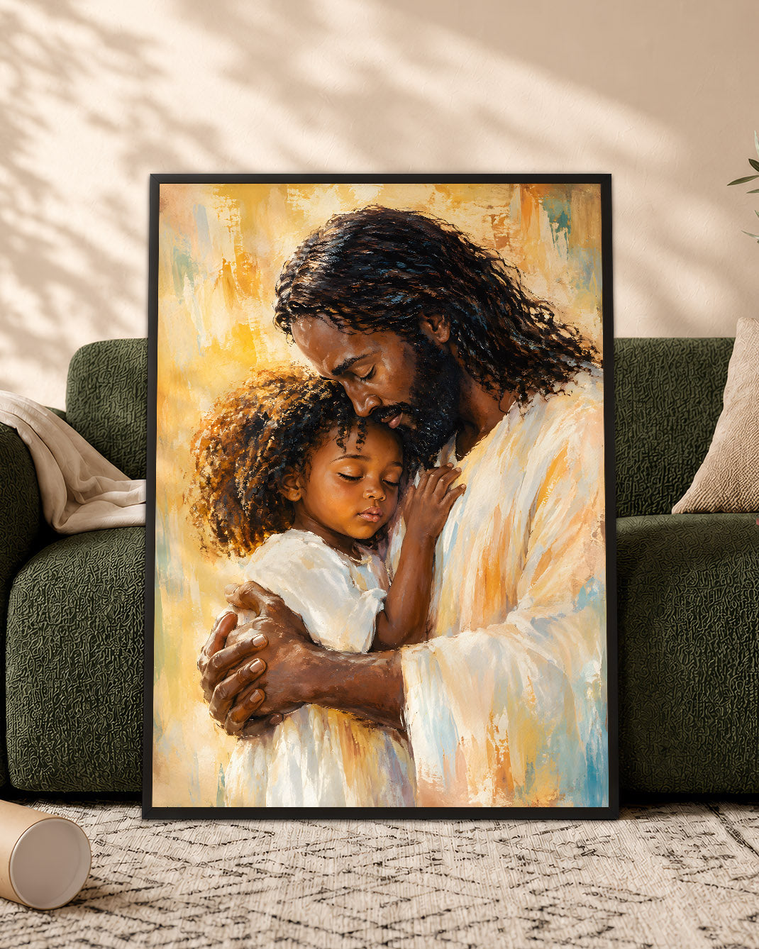 Black Jesus Canvas Wall Art – Jesus Embracing Child, Black Christian Wall Decor