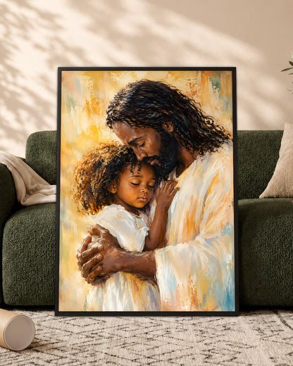 Black Jesus Canvas Wall Art – Jesus Embracing Child, Black Christian Wall Decor