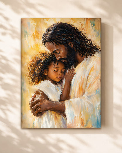 Black Jesus Canvas Wall Art – Jesus Embracing Child, Black Christian Wall Decor