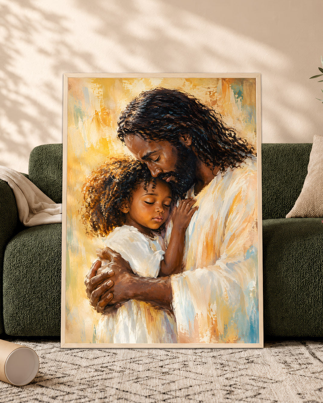 Black Jesus Canvas Wall Art – Jesus Embracing Child, Black Christian Wall Decor