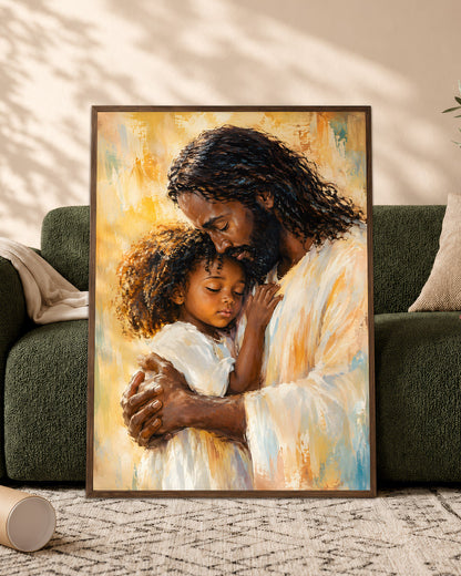 Black Jesus Canvas Wall Art – Jesus Embracing Child, Black Christian Wall Decor