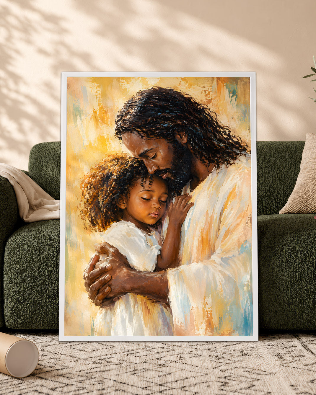 Black Jesus Canvas Wall Art – Jesus Embracing Child, Black Christian Wall Decor