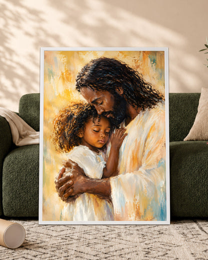 Black Jesus Canvas Wall Art – Jesus Embracing Child, Black Christian Wall Decor