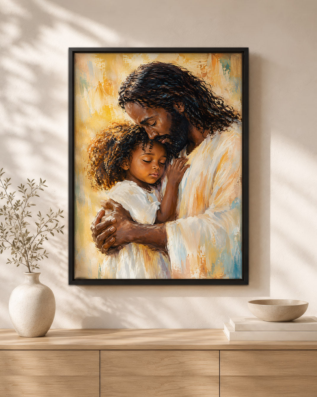 Black Jesus Canvas Wall Art – Jesus Embracing Child, Black Christian Wall Decor