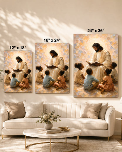 Black Jesus Teaching Children Canvas Wall Art – Black Christian Faith & Family Decor
