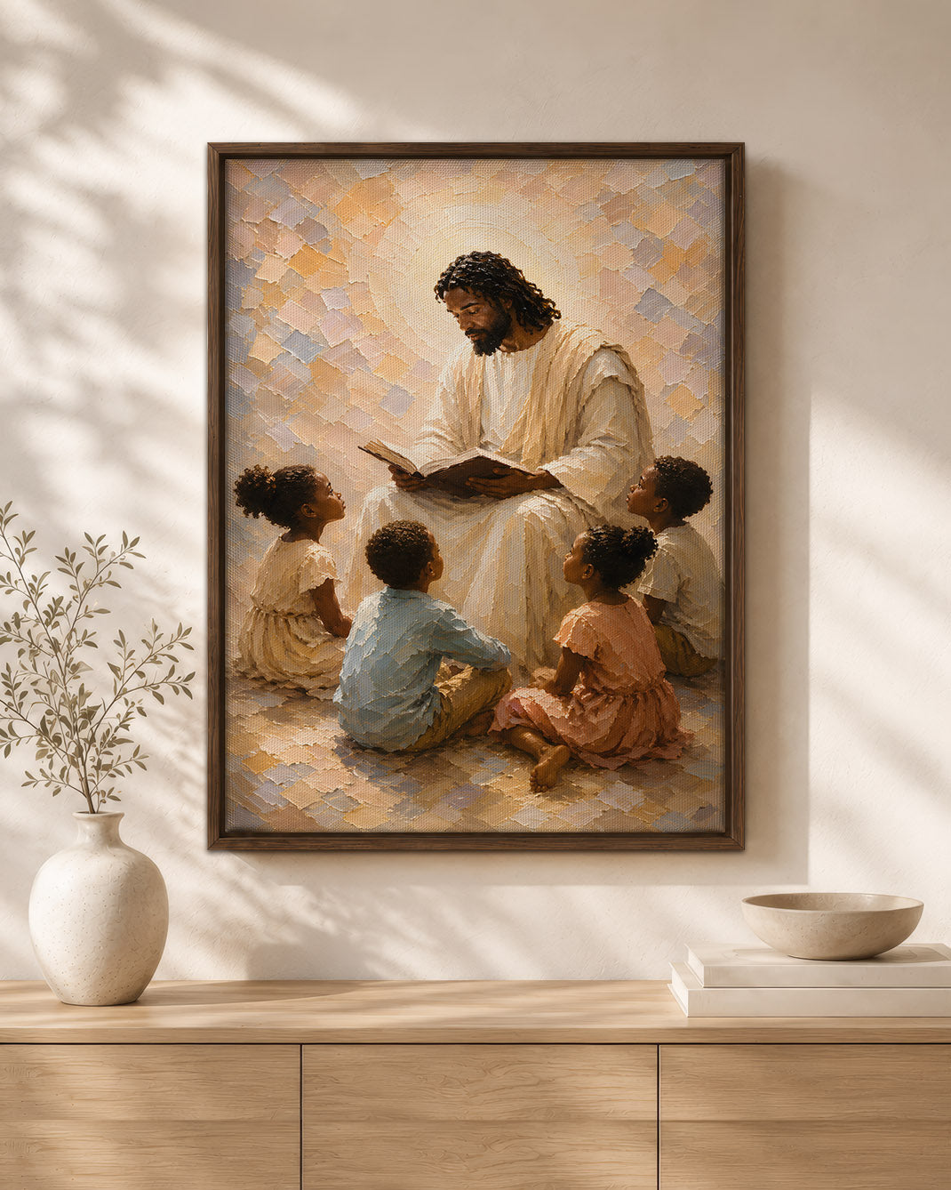 Black Jesus Teaching Children Canvas Wall Art – Black Christian Faith & Family Decor