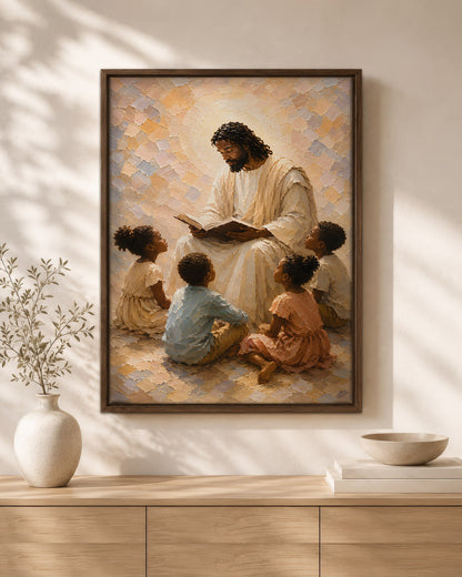 Black Jesus Teaching Children Canvas Wall Art – Black Christian Faith & Family Decor