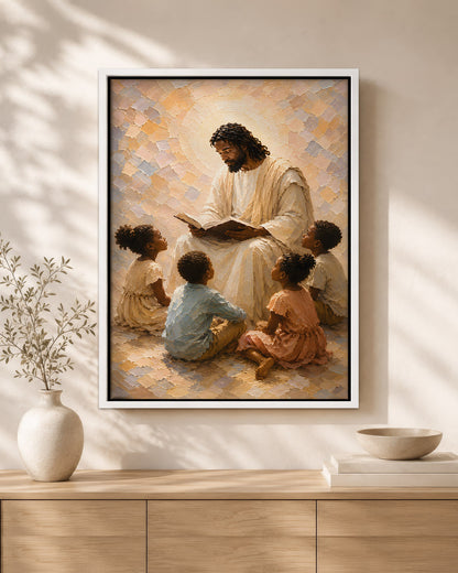 Black Jesus Teaching Children Canvas Wall Art – Black Christian Faith & Family Decor