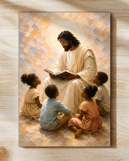 Black Jesus Teaching Children Canvas Wall Art – Black Christian Faith & Family Decor