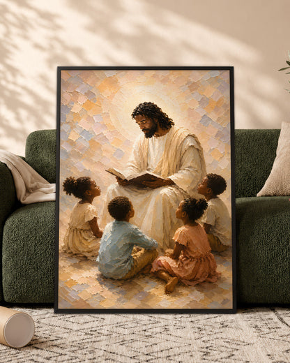 Black Jesus Teaching Children Canvas Wall Art – Black Christian Faith & Family Decor