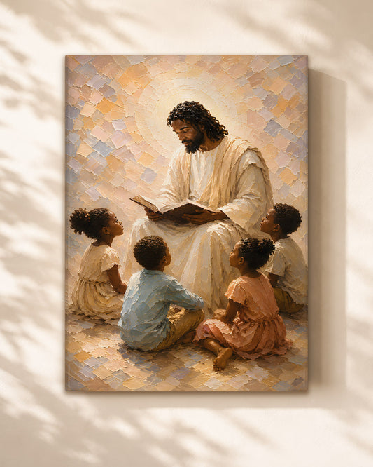 Black Jesus Teaching Children Canvas Wall Art – Black Christian Faith & Family Decor