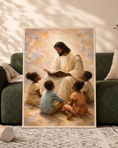 Black Jesus Teaching Children Canvas Wall Art – Black Christian Faith & Family Decor