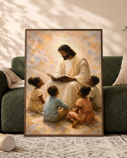 Black Jesus Teaching Children Canvas Wall Art – Black Christian Faith & Family Decor