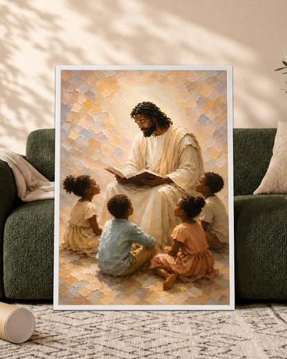 Black Jesus Teaching Children Canvas Wall Art – Black Christian Faith & Family Decor