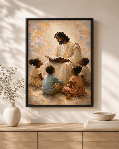 Black Jesus Teaching Children Canvas Wall Art – Black Christian Faith & Family Decor
