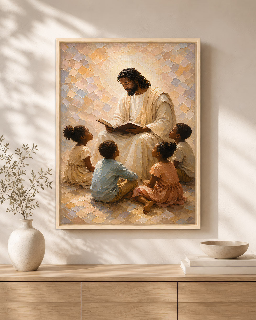 Black Jesus Teaching Children Canvas Wall Art – Black Christian Faith & Family Decor