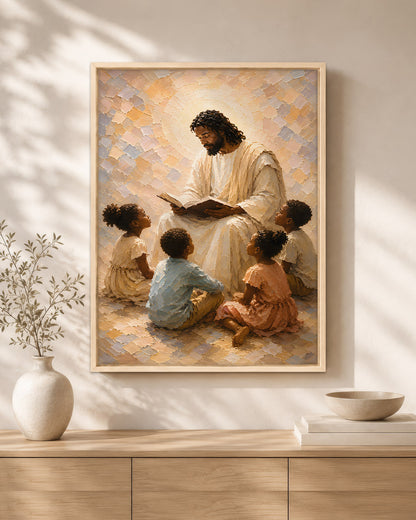 Black Jesus Teaching Children Canvas Wall Art – Black Christian Faith & Family Decor