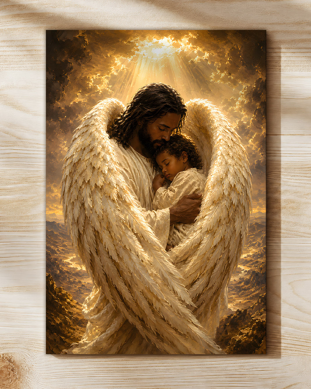Black Jesus Guardian Angel Canvas Wall Art – Black Jesus Protecting Child, Christian Faith Decor
