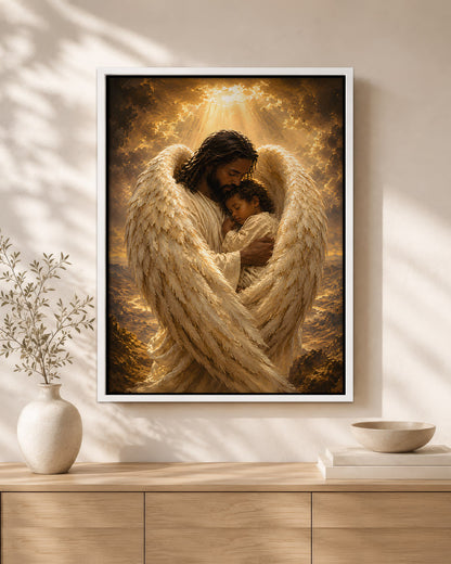 Black Jesus Guardian Angel Canvas Wall Art – Black Jesus Protecting Child, Christian Faith Decor