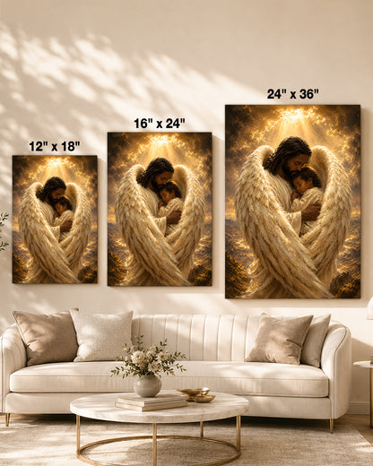 Black Jesus Guardian Angel Canvas Wall Art – Black Jesus Protecting Child, Christian Faith Decor