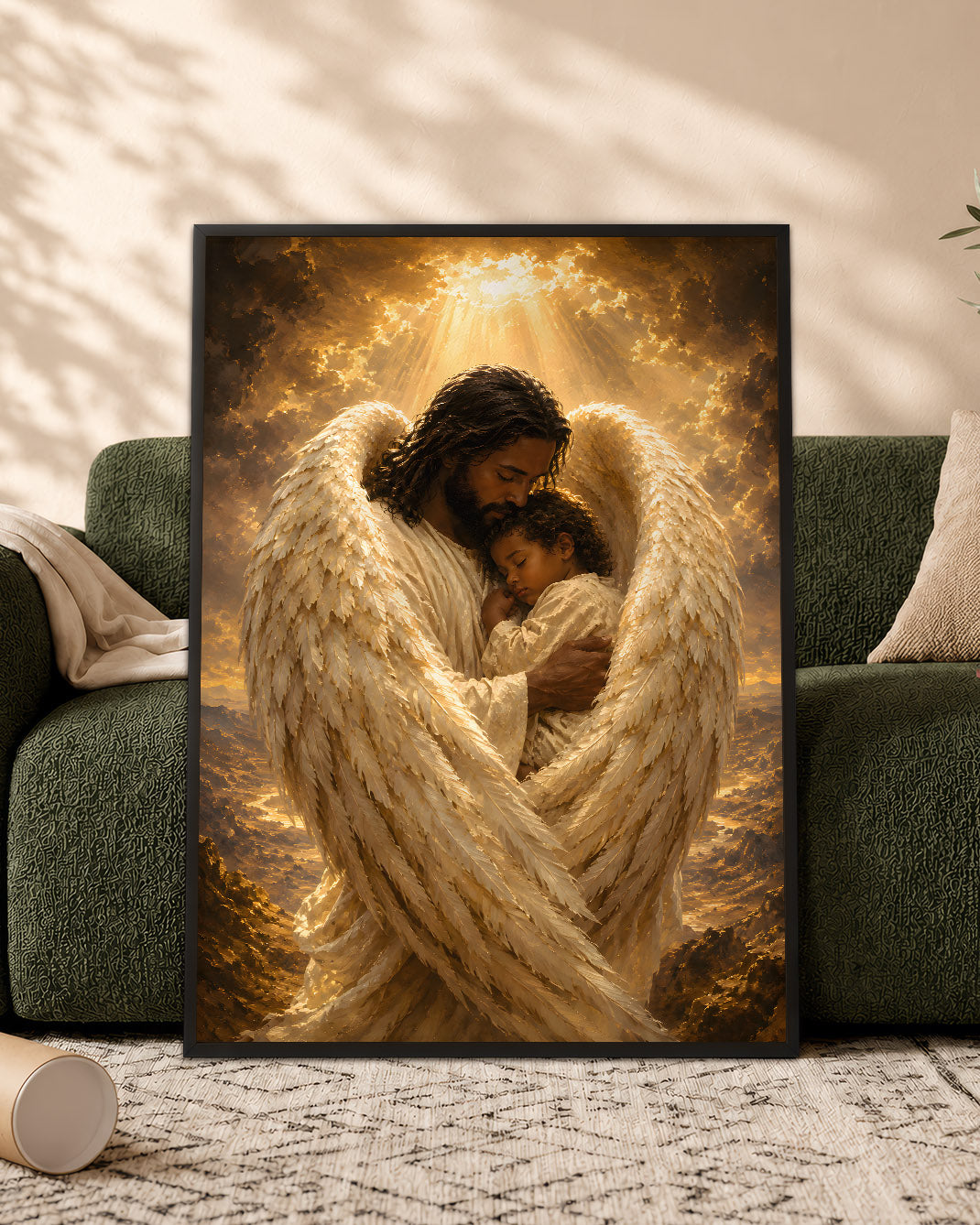 Black Jesus Guardian Angel Canvas Wall Art – Black Jesus Protecting Child, Christian Faith Decor