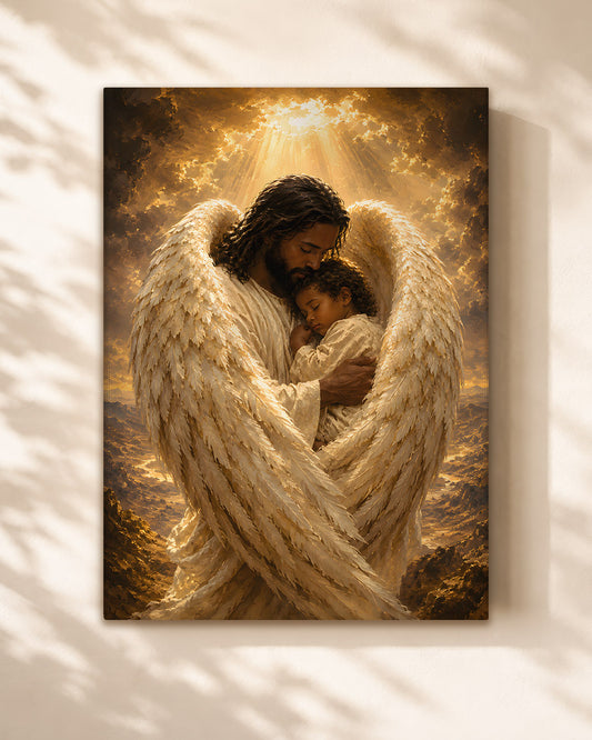 Black Jesus Guardian Angel Canvas Wall Art – Black Jesus Protecting Child, Christian Faith Decor