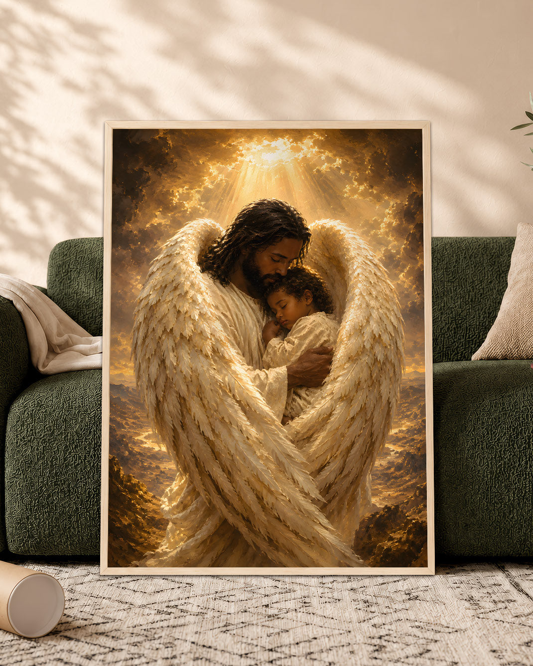 Black Jesus Guardian Angel Canvas Wall Art – Black Jesus Protecting Child, Christian Faith Decor