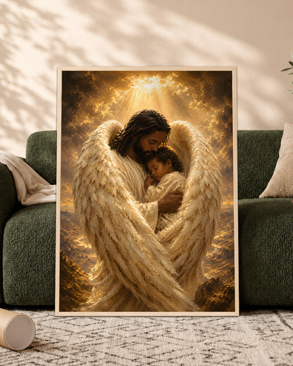 Black Jesus Guardian Angel Canvas Wall Art – Black Jesus Protecting Child, Christian Faith Decor