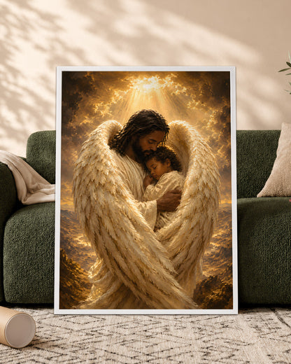Black Jesus Guardian Angel Canvas Wall Art – Black Jesus Protecting Child, Christian Faith Decor