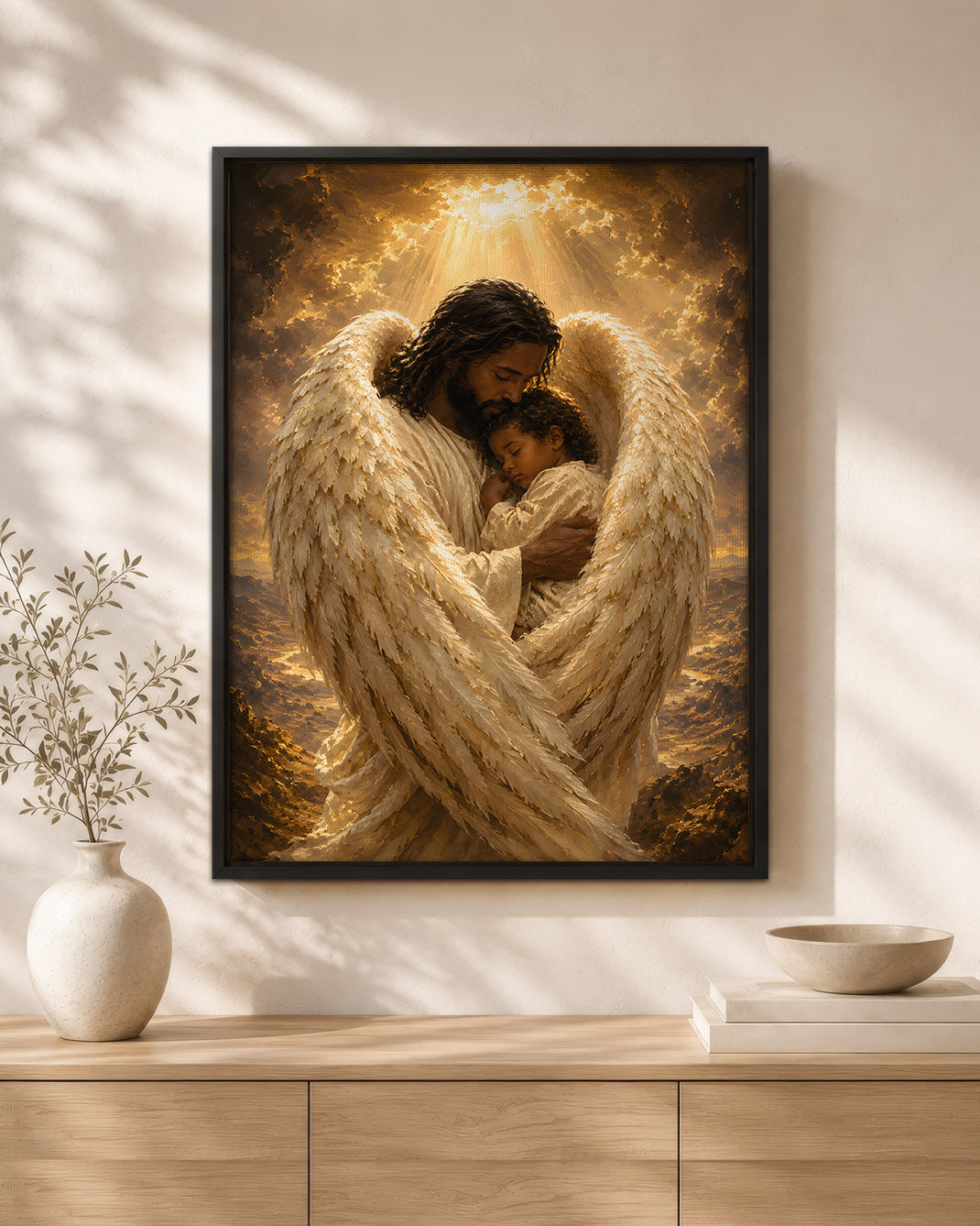 Black Jesus Guardian Angel Canvas Wall Art – Black Jesus Protecting Child, Christian Faith Decor