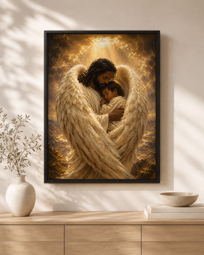 Black Jesus Guardian Angel Canvas Wall Art – Black Jesus Protecting Child, Christian Faith Decor