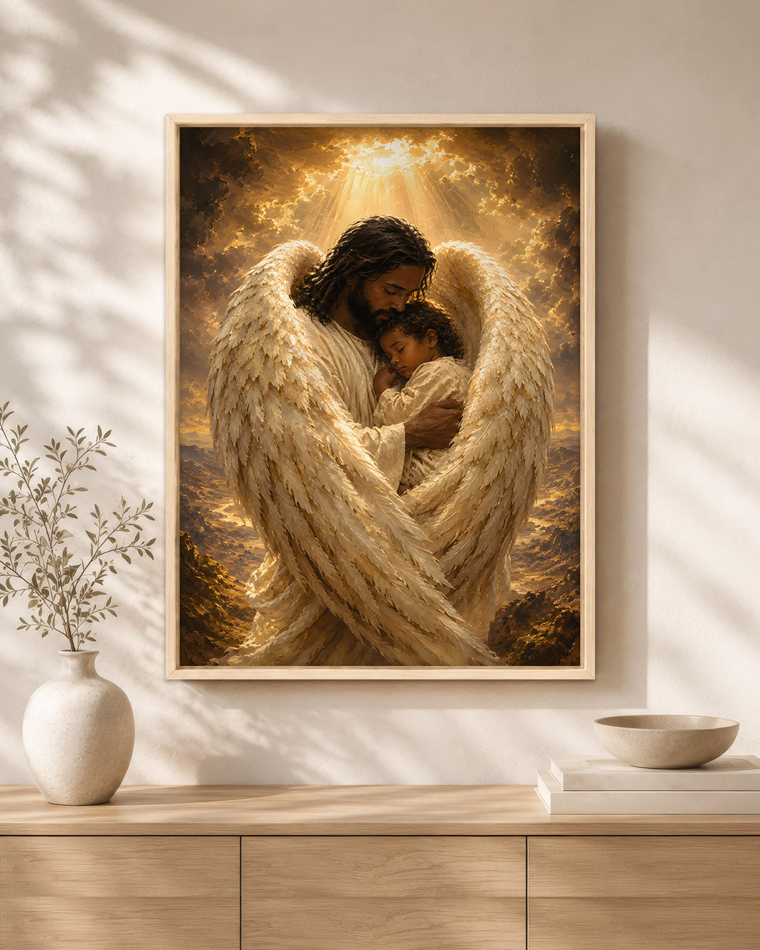 Black Jesus Guardian Angel Canvas Wall Art – Black Jesus Protecting Child, Christian Faith Decor