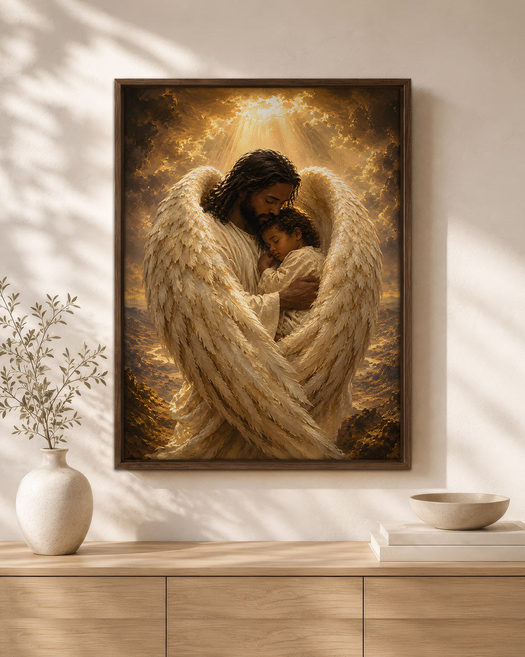 Black Jesus Guardian Angel Canvas Wall Art – Black Jesus Protecting Child, Christian Faith Decor