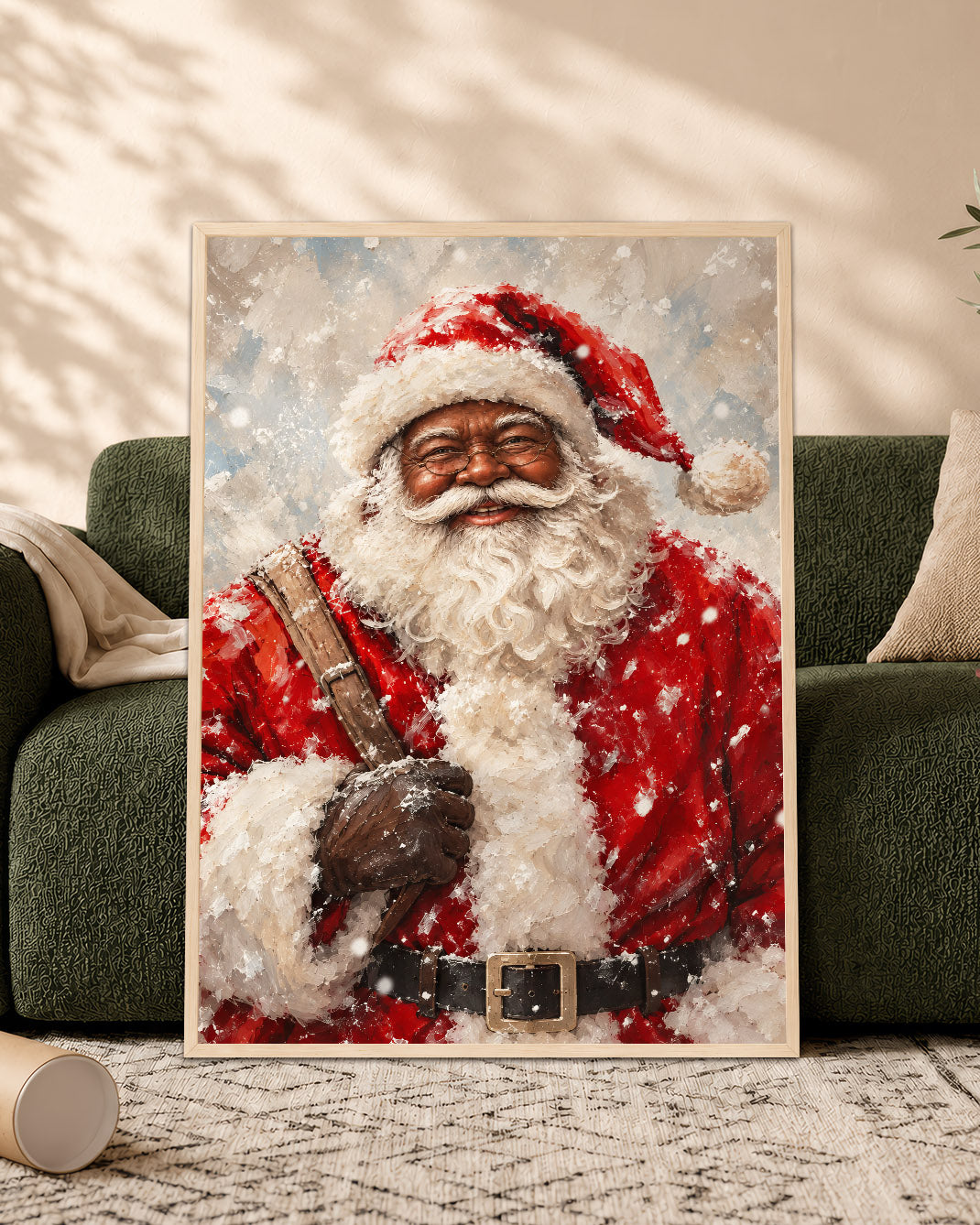 Black Santa in Snow Canvas Artwork - African American Xmas Picture