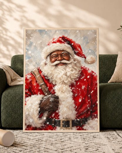 Black Santa in Snow Canvas Artwork - African American Xmas Picture